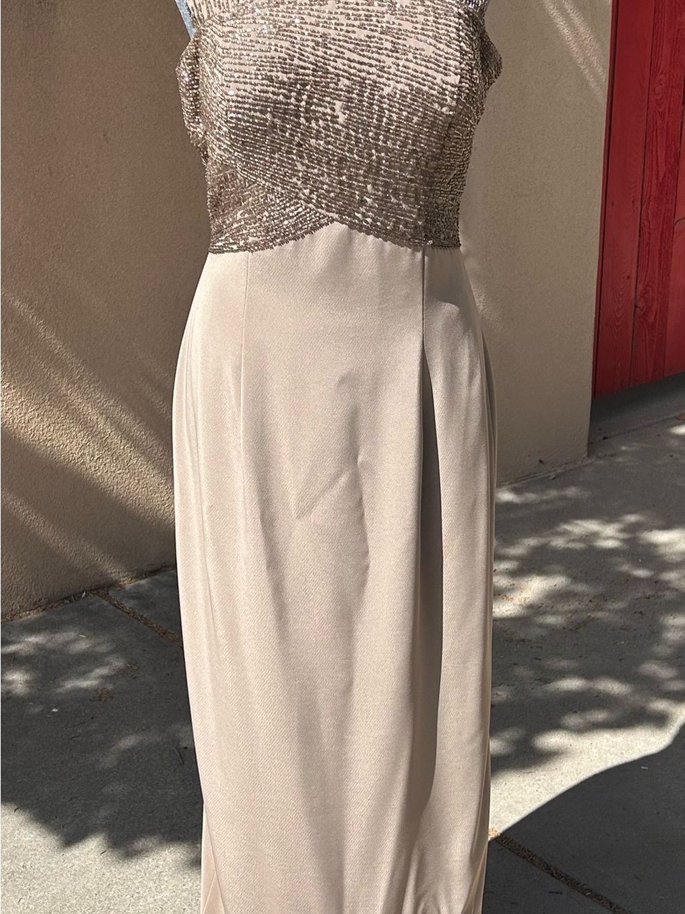 Jovani Metallic Beaded Bodice Cream Maxi Dress
